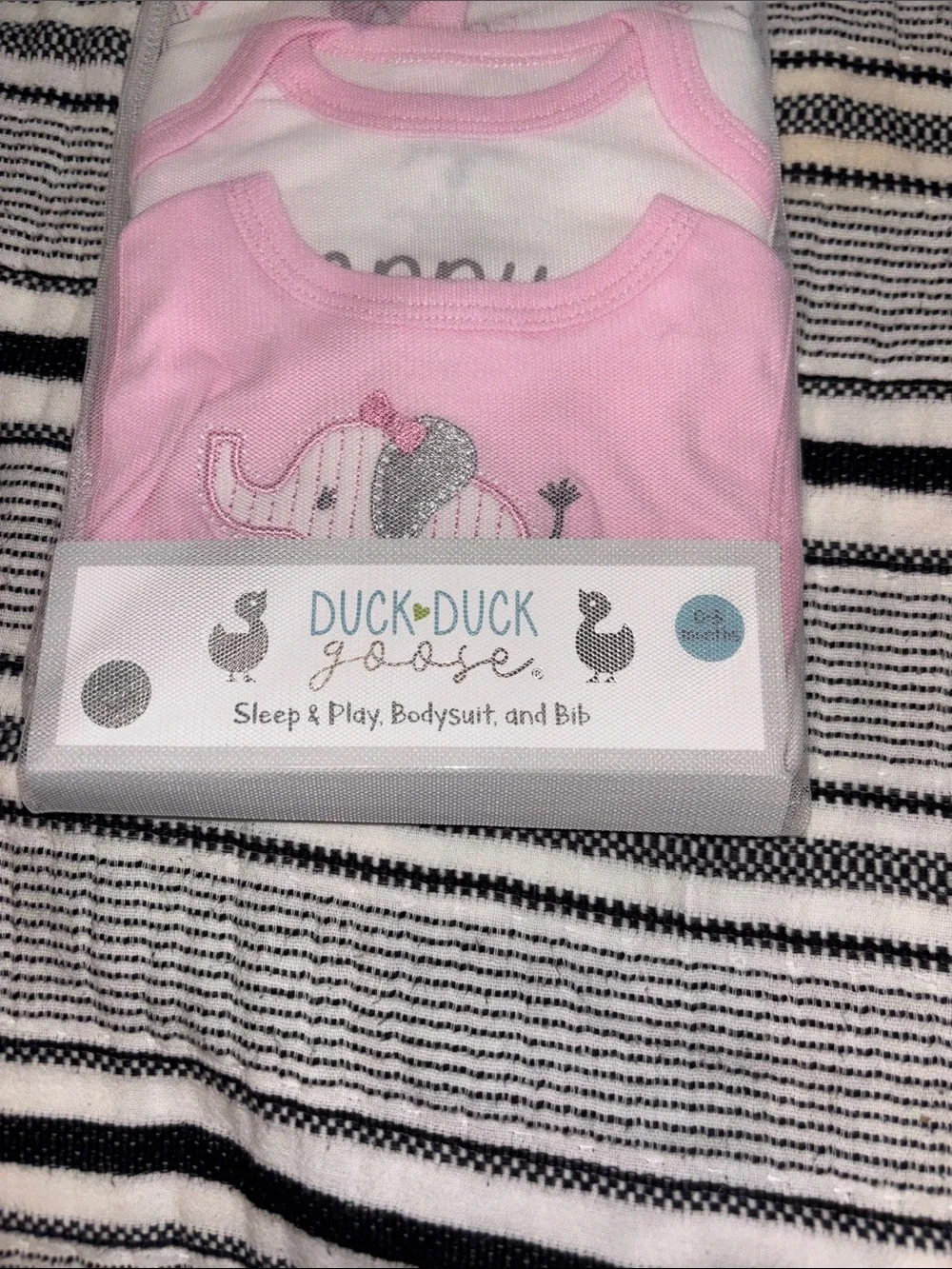 Duck Duck Goose Pink 3 pc set Baby Bib Bodysuit and one pc Set 0-3 mo